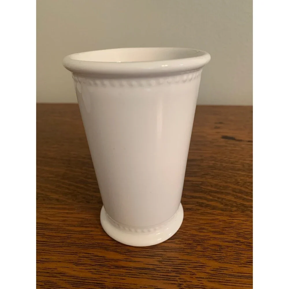 Vintage Small Ceramic White Vase with Blue Detail Home Decor Cottage Farmhouse